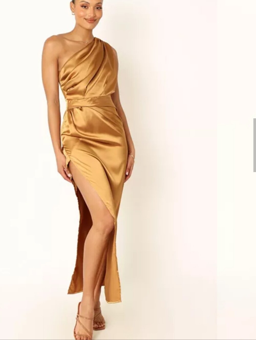 PETAL PUP GOLD NADIA SATIN One-Shoulder Gold Satin Evening Dress Maxi Queen - Picture 4 of 15